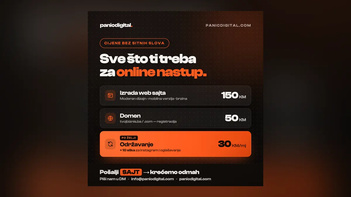 Cjenovnik panicdigital: sajt 150 KM, domen 50 KM, održavanje 30 KM mjesečno